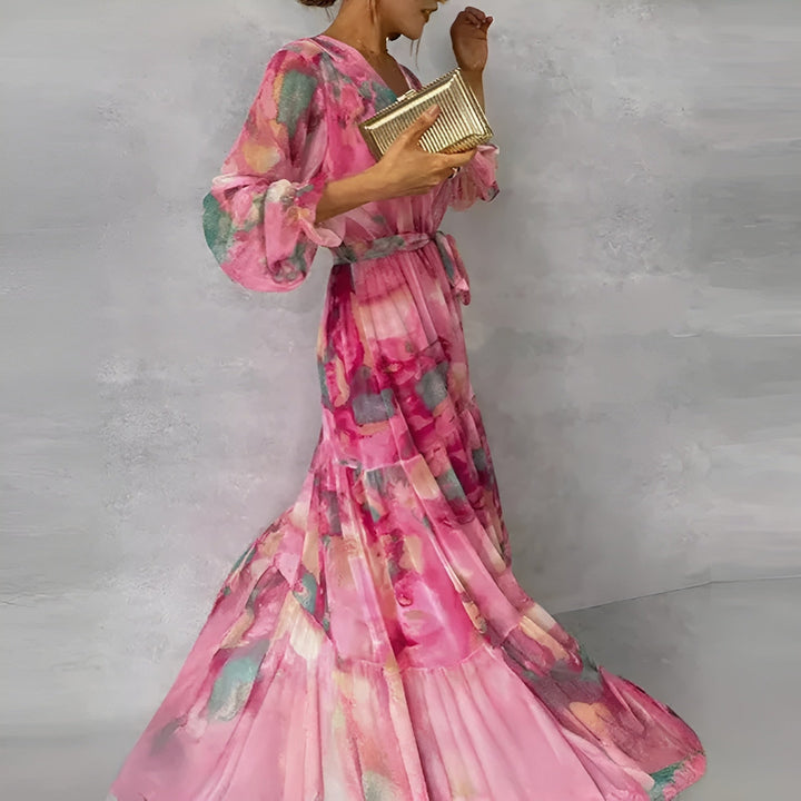 Vestido elegante floral rosa feminino com decote V, ideal para moda de verão e roupa casual confortável.
