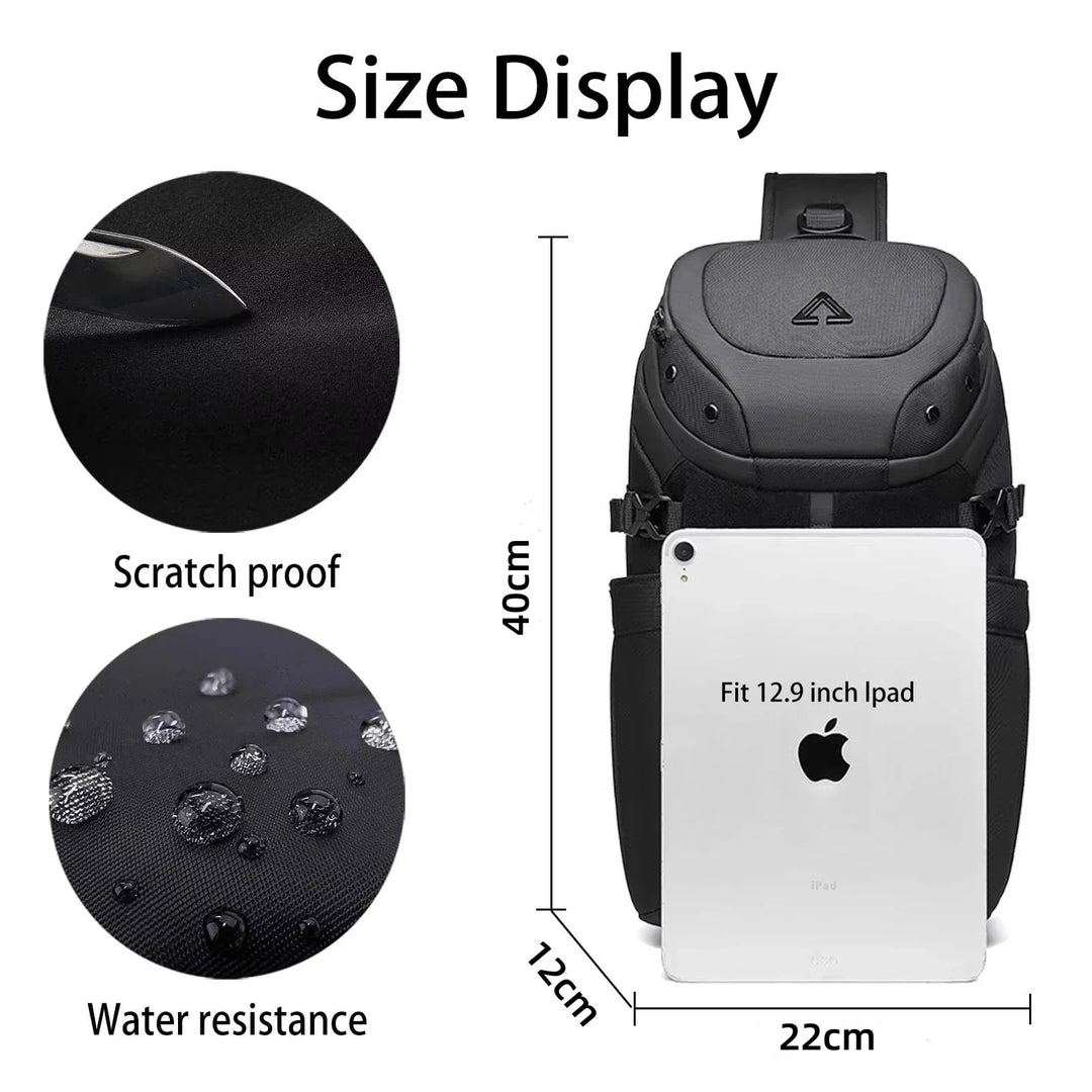 Mochila de peito unissex, ergonômica, com porta USB externa e tecido impermeável. Ideal para aventuras urbanas.