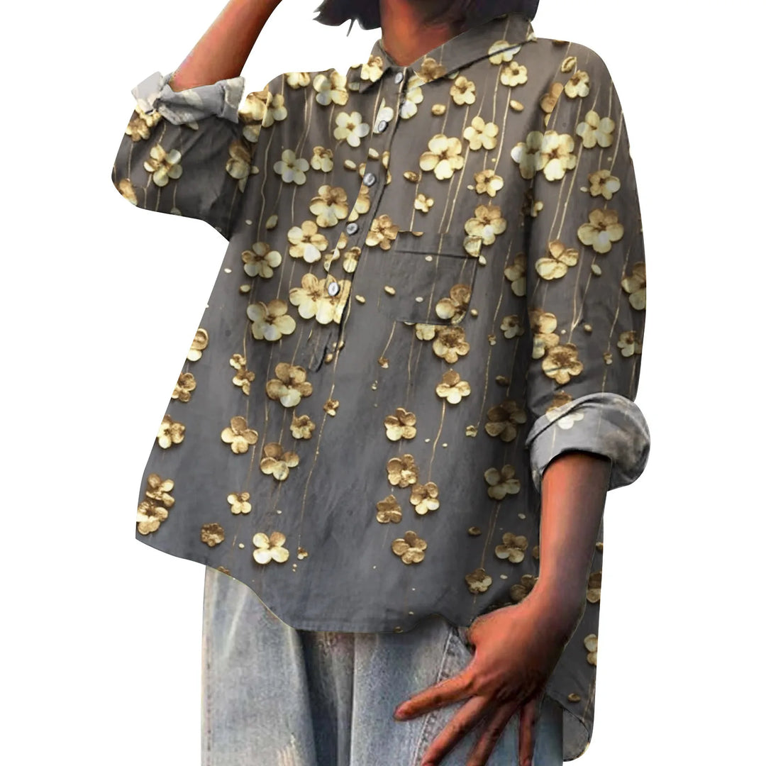 Camisa feminina estampada floral, um item essencial para um estilo versátil e elegante no dia a dia.