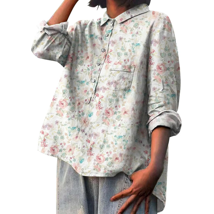 Camisa de manga longa floral feminina, com estampa vibrante, perfeita para looks casuais e primavera.