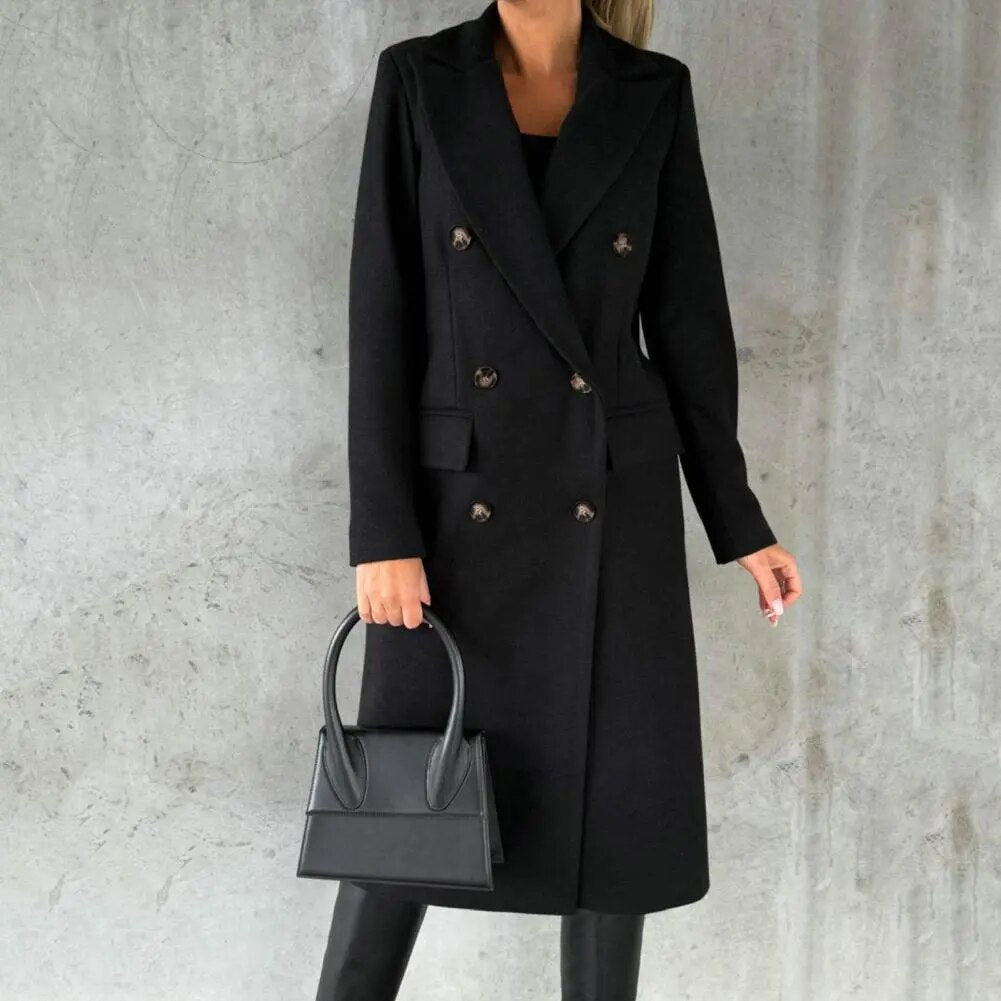 Casaco feminino para outono inverno, estilo clássico com botões duplos.