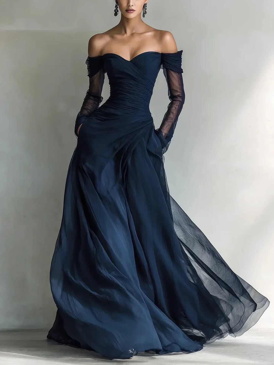 Vestido longo feminino azul com ombros descobertos, elegante e confortável para festas ou casamentos.