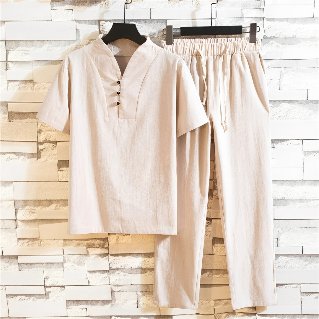 Look casual masculino com conjunto de camisa e calça para o dia a dia, perfeito para a moda verão e conforto.