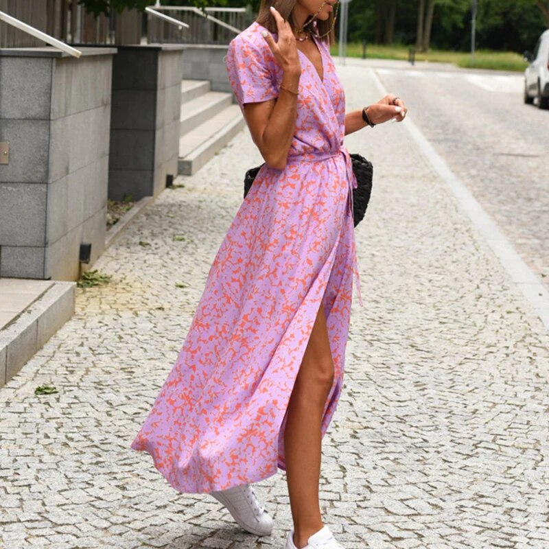 Vestido midi floral feminino, ideal para a primavera e o verão.