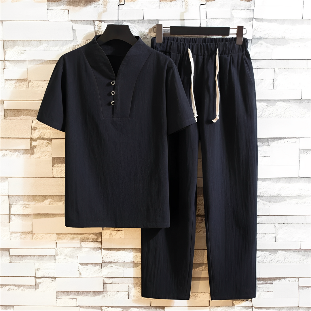 Roupa verão masculina: conjunto de camisa e calça para um look casual e confortável, ideal para o clima quente.