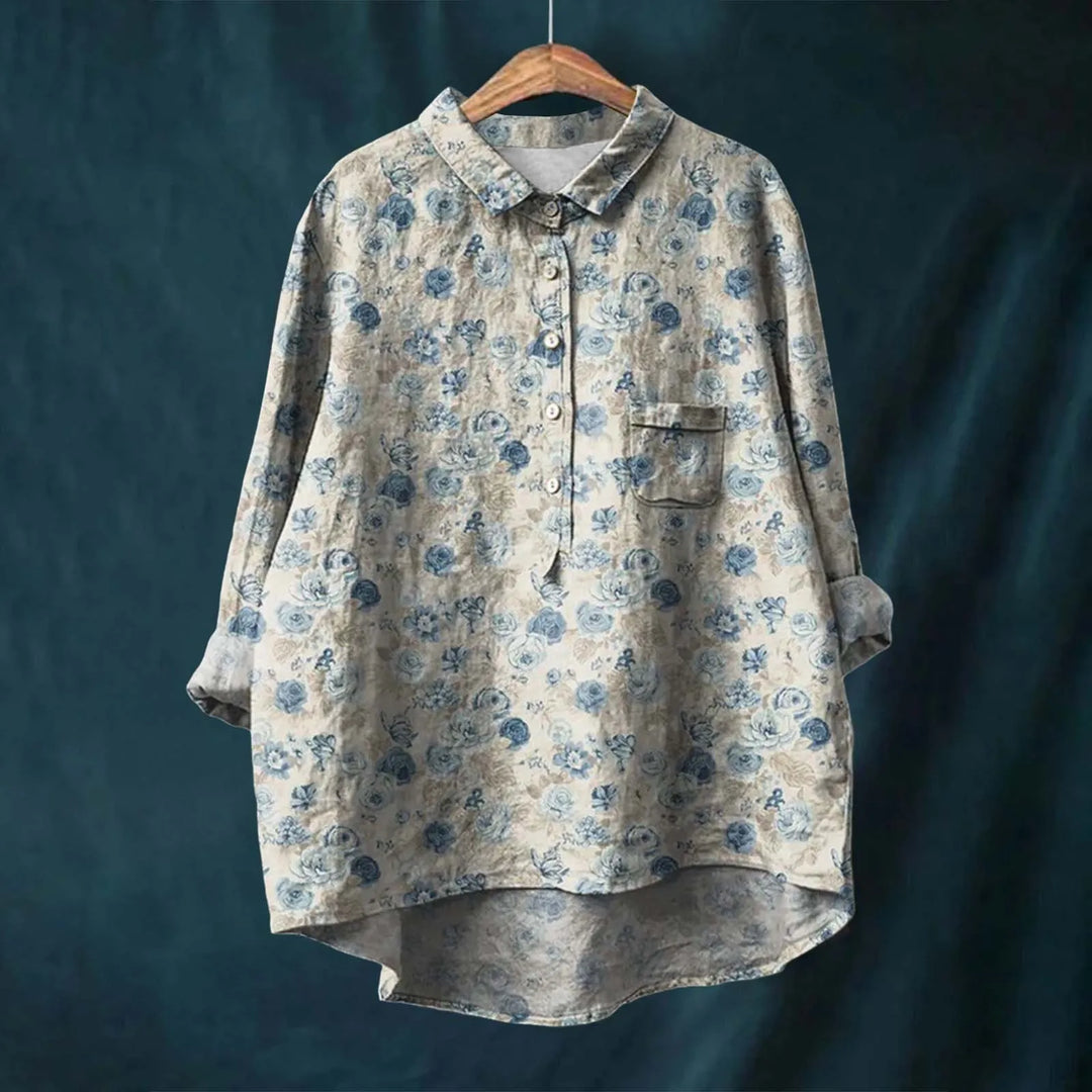 Camisa floral feminina leve, manga longa. Estilo elegante, confortável e versátil para looks de primavera-verão.