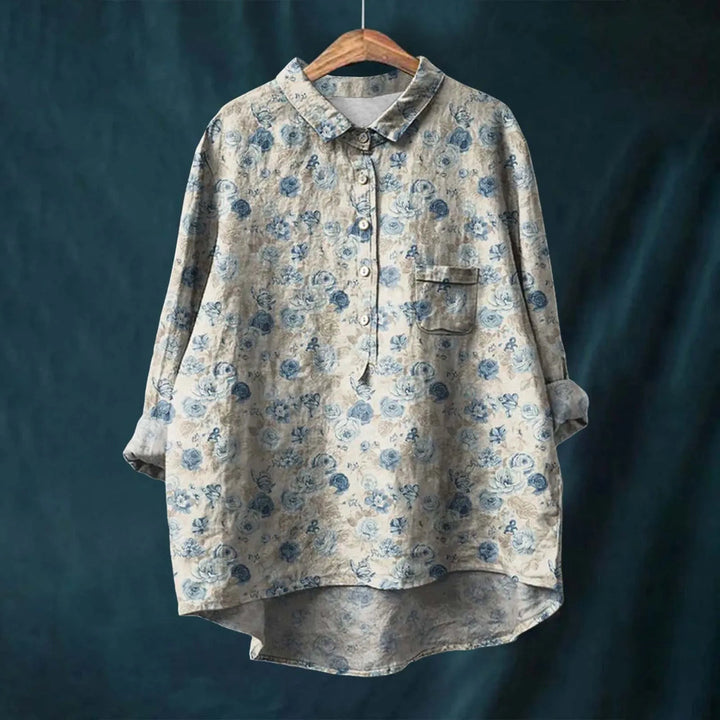 Camisa floral feminina leve, manga longa. Estilo elegante, confortável e versátil para looks de primavera-verão.