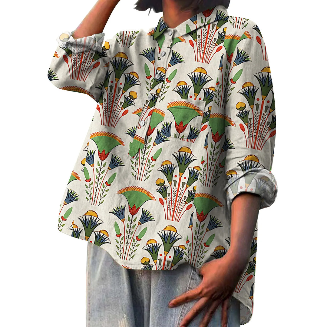 Roupa feminina elegante: camisa floral versátil para primavera, verão e estilo casual moderno.
