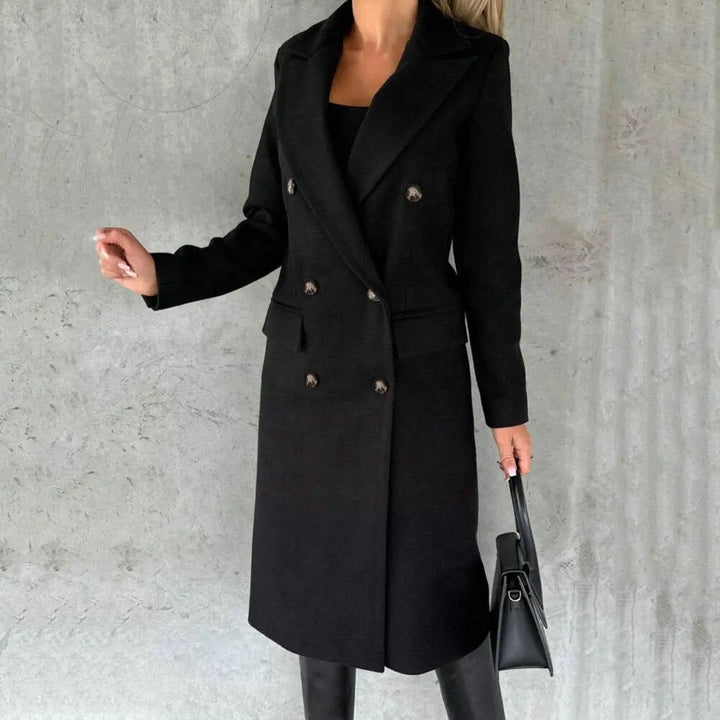 Casaco feminino elegante e longo, com design de botões duplos para o inverno.