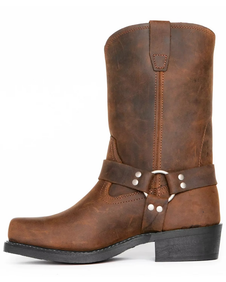 Botas masculinas de couro duráveis, estilo vaqueiro, altura média, perfeitas para uso casual ou ocidental.