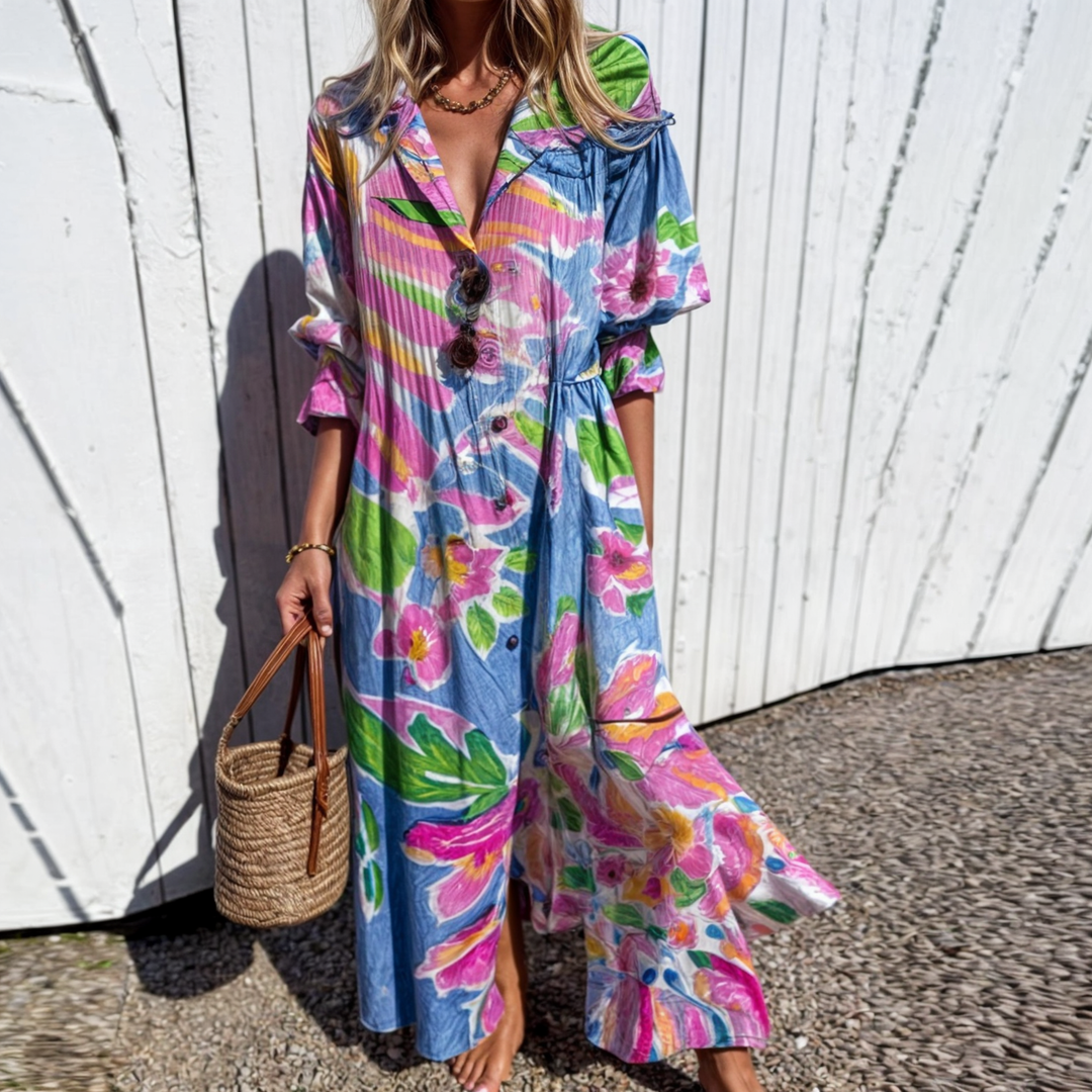 Vestido midi feminino floral, confortável e elegante, tendência da moda verão.