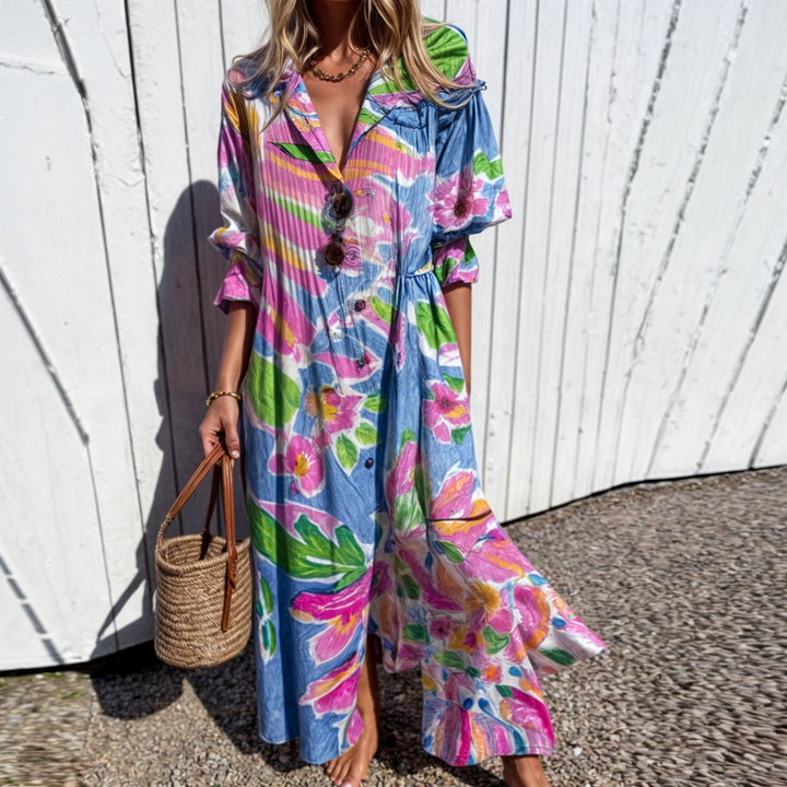 Vestido midi feminino floral, confortável e elegante, tendência da moda verão.
