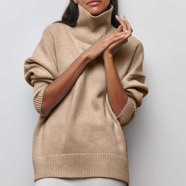 Roupa feminina: Pullover gola alta para o frio, combinando conforto e estilo moderno.