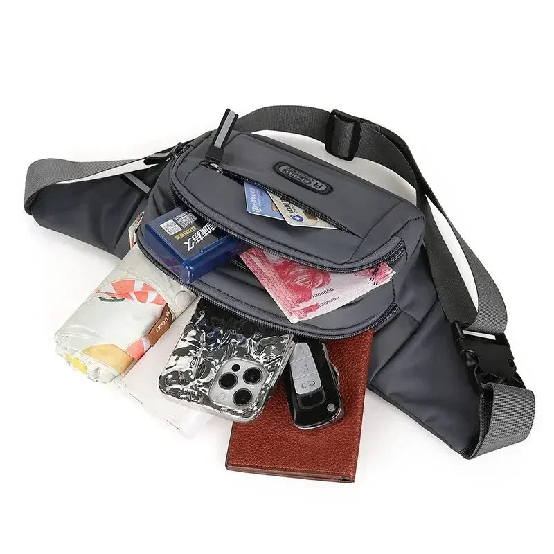 Bolsa de cintura masculina versátil, de canvas, antifurto e ultrafina, para conforto e segurança.