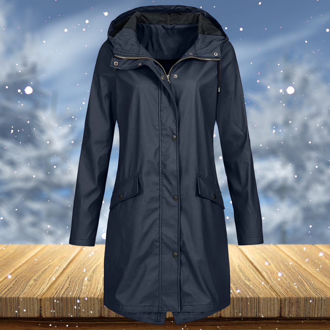 Capa de chuva feminina longa e elegante, impermeável, perfeita para proteção contra vento e chuva.