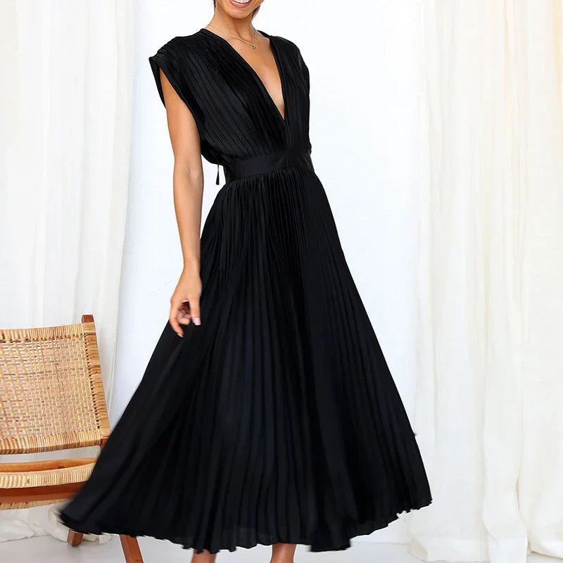 Moda feminina: vestido midi elegante, sem mangas, oferece conforto e estilo versátil.