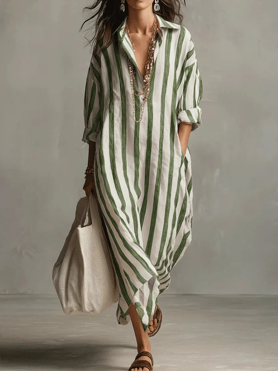 Vestido camisero longo feminino, que oferece estilo e conforto para a moda de verão. Roupa descontraída e elegante.