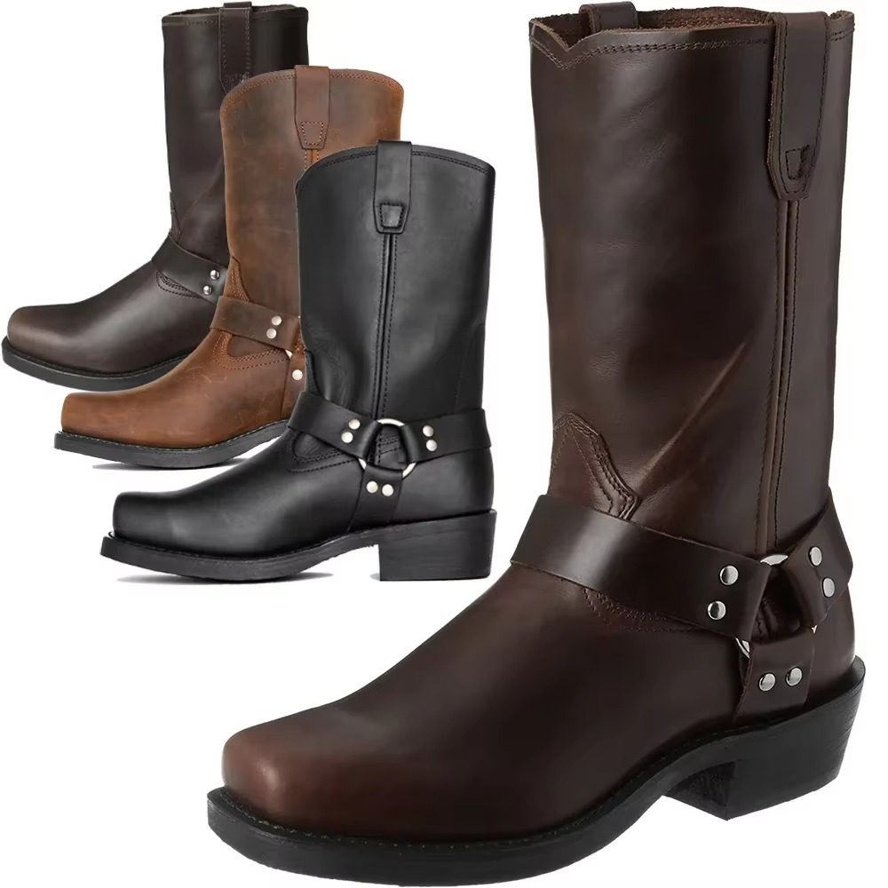 Botas vaqueiro de couro marrom, altura média, para homens, design sem cadarço, calçado masculino autêntico.