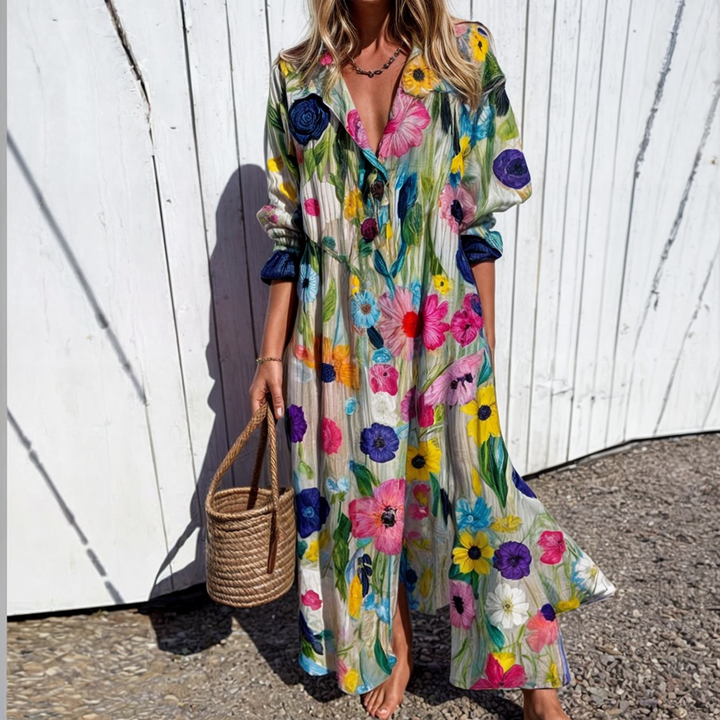 Vestido-camisa feminino midi floral elegante, perfeito para um look versátil de verão.