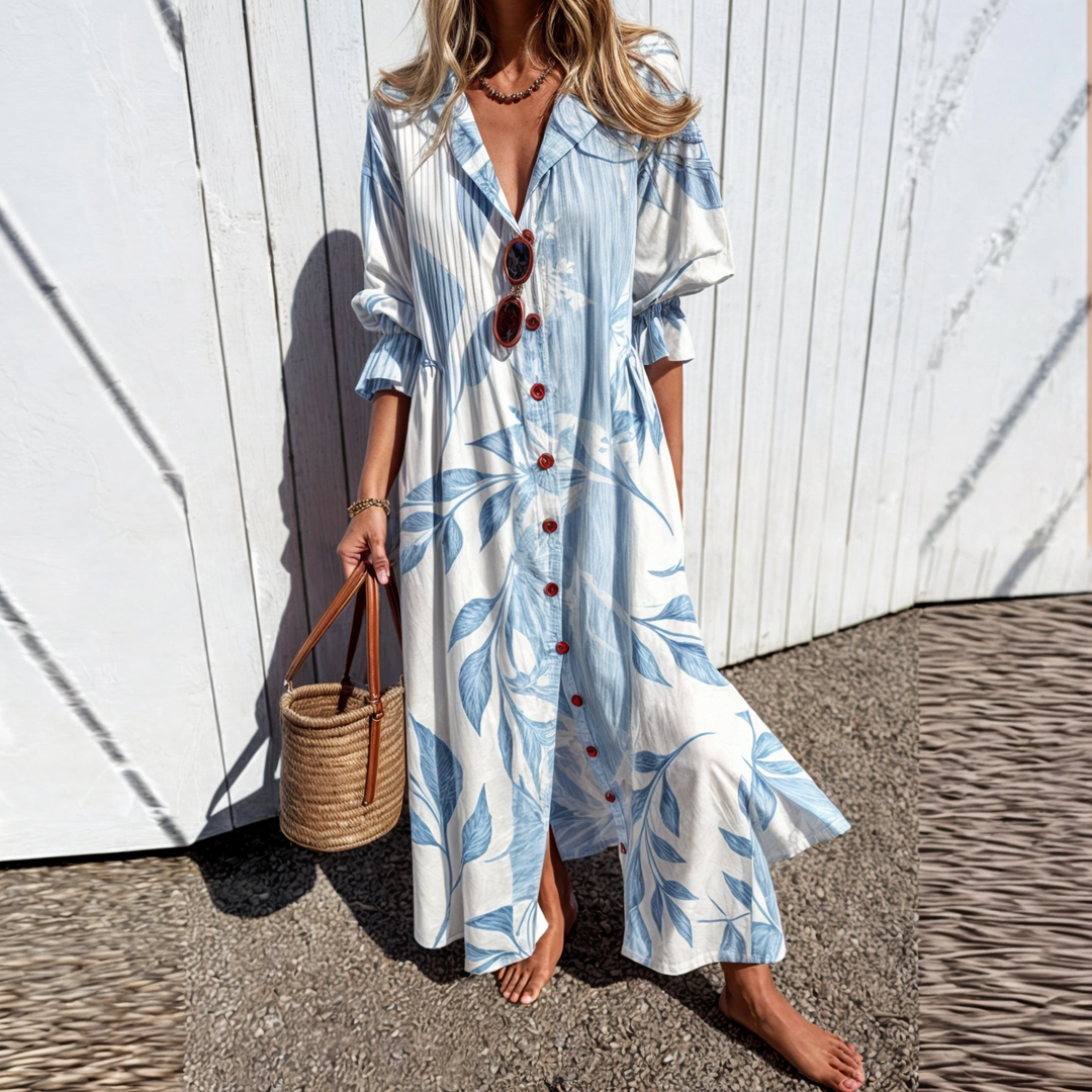 Vestido-camisa floral midi feminino, estilo elegante e casual para trabalho ou jantar.