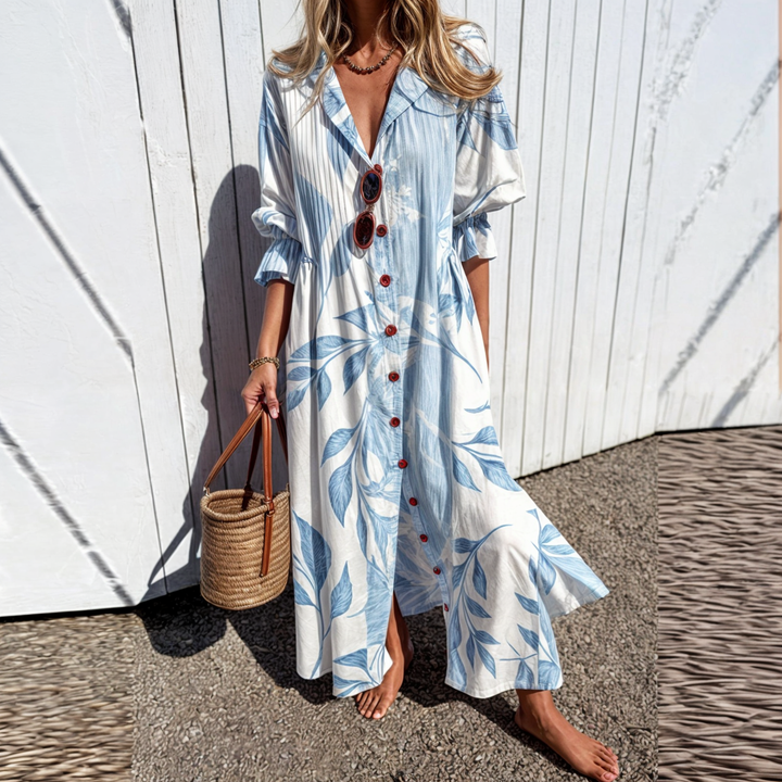 Vestido-camisa floral midi feminino, estilo elegante e casual para trabalho ou jantar.