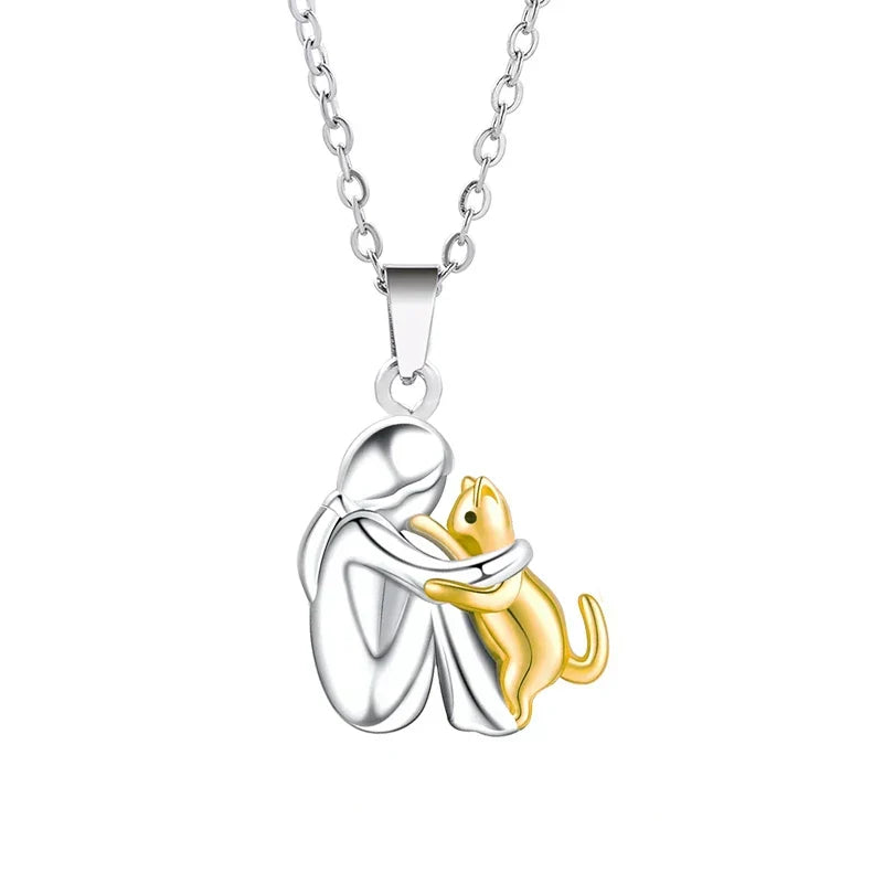 Presente ideal: colar dourado de abraço com pingente pet. Joia ajustável para mulher e homem, homenagem a cães e gatos.