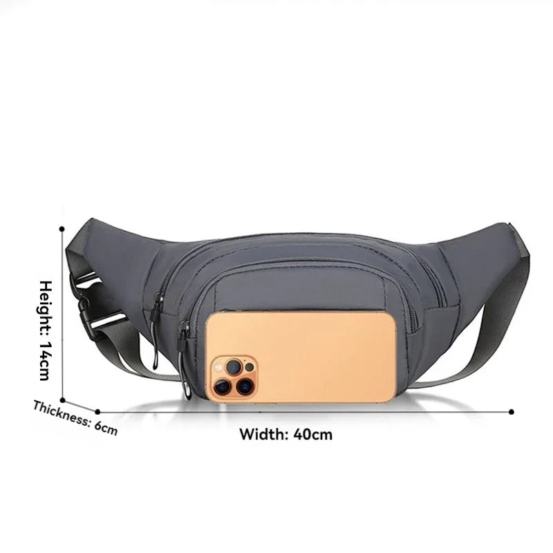 Bolsa de cintura masculina de canvas, cor preta, antifurto e ultrafina, essencial para viagens.