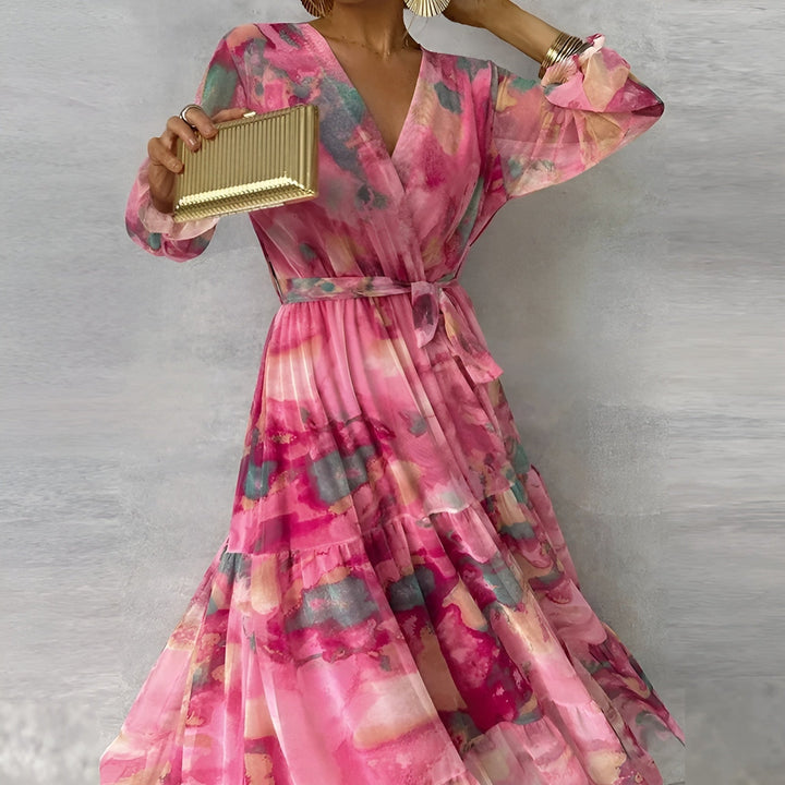 Vestido de verão feminino floral rosa com decote V, confortável e estiloso, perfeito para dias quentes.