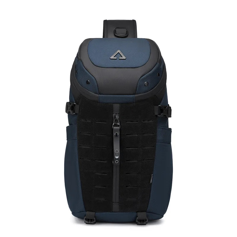 Mochila sling antifurto cinza unissex, design seguro e discreto para viagens e uso urbano. Protege seus pertences.