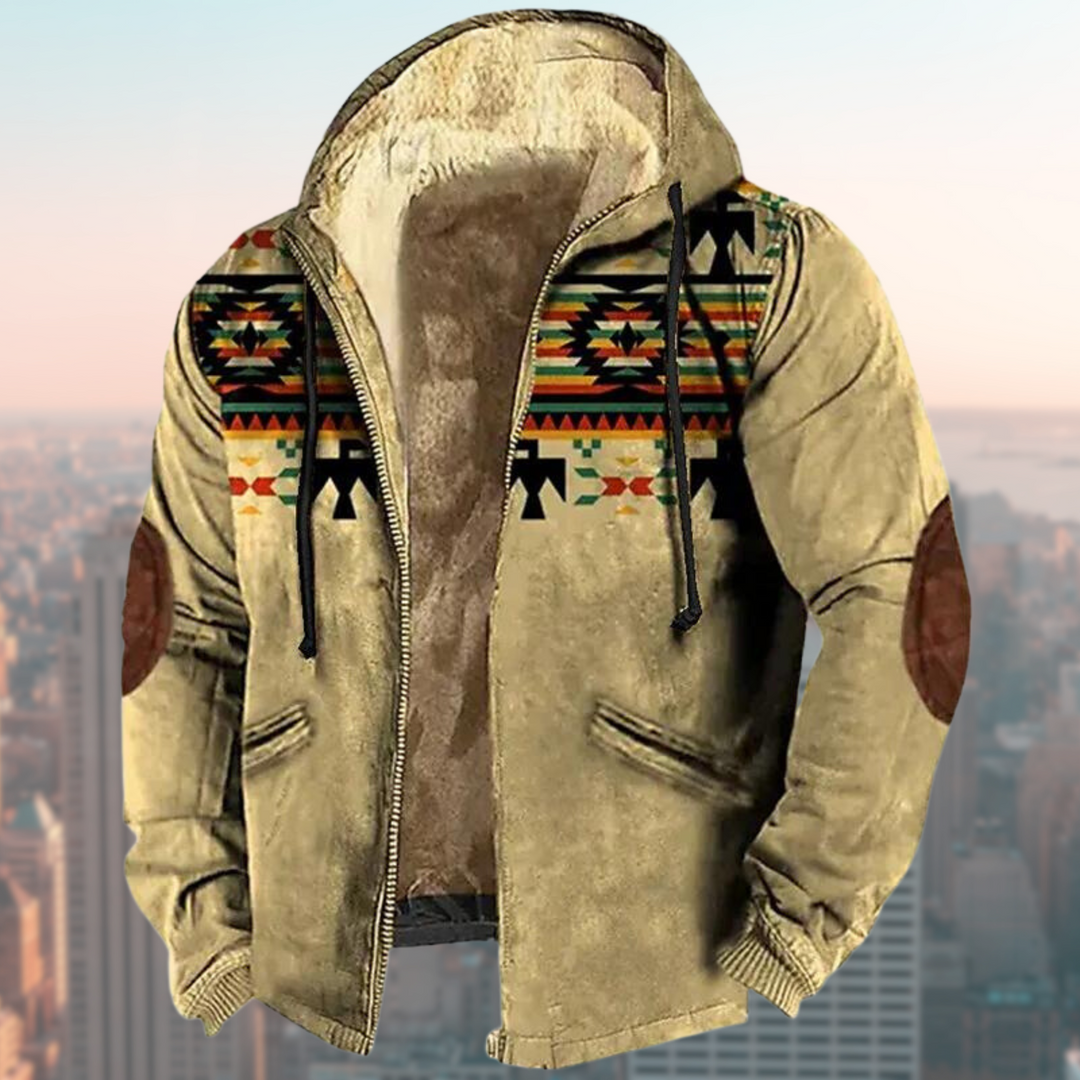 Jaqueta masculina com capuz e padrão tribal, confortável para outono/inverno, estilo casual e aventureiro.