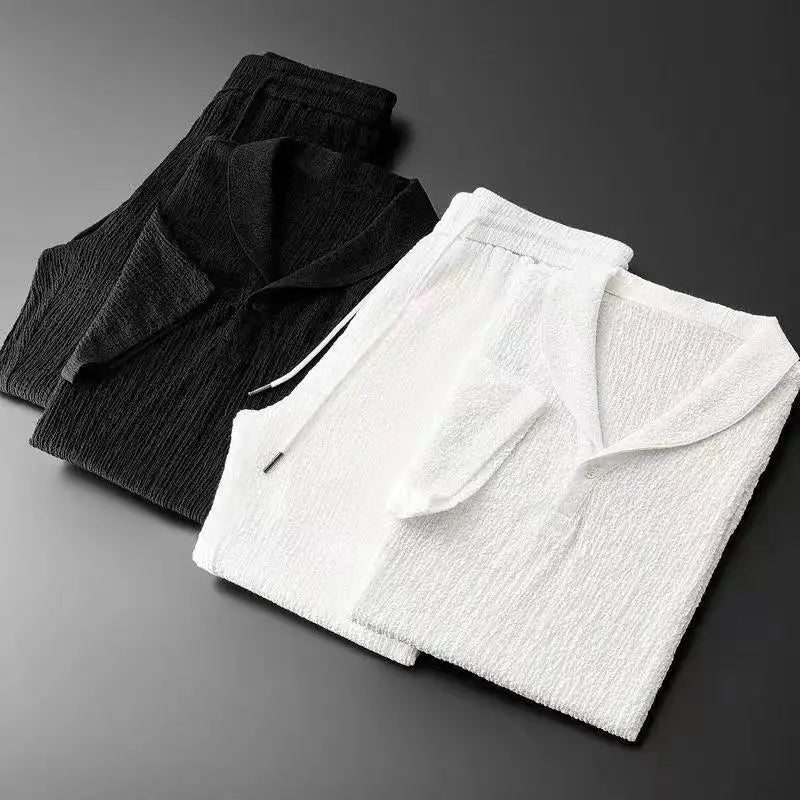 Conjunto casual masculino preto: camisa manga curta e calças flexíveis. Conforto e estilo para o dia a dia na primavera/verão.