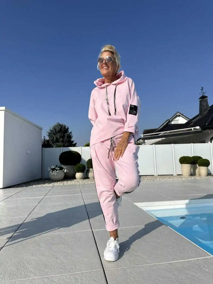 Conjunto lounge feminino de capuz e calça, duas peças de algodão macio para outono inverno, ideal para conforto.