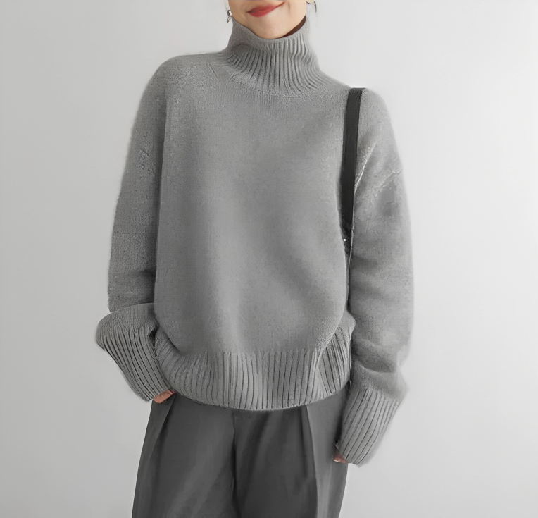 Suéter feminino caqui de gola alta, pulôver elegante e confortável para a moda de inverno.