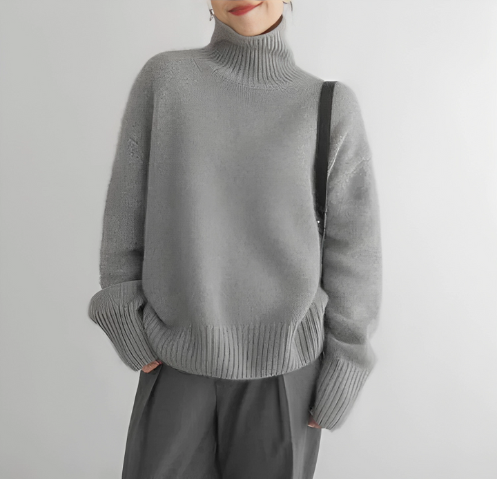 Suéter feminino caqui de gola alta, pulôver elegante e confortável para a moda de inverno.