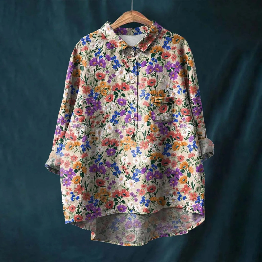 Blusa floral boho chic com estampa vibrante, manga longa. Perfeita para moda feminina e verão. (PT)