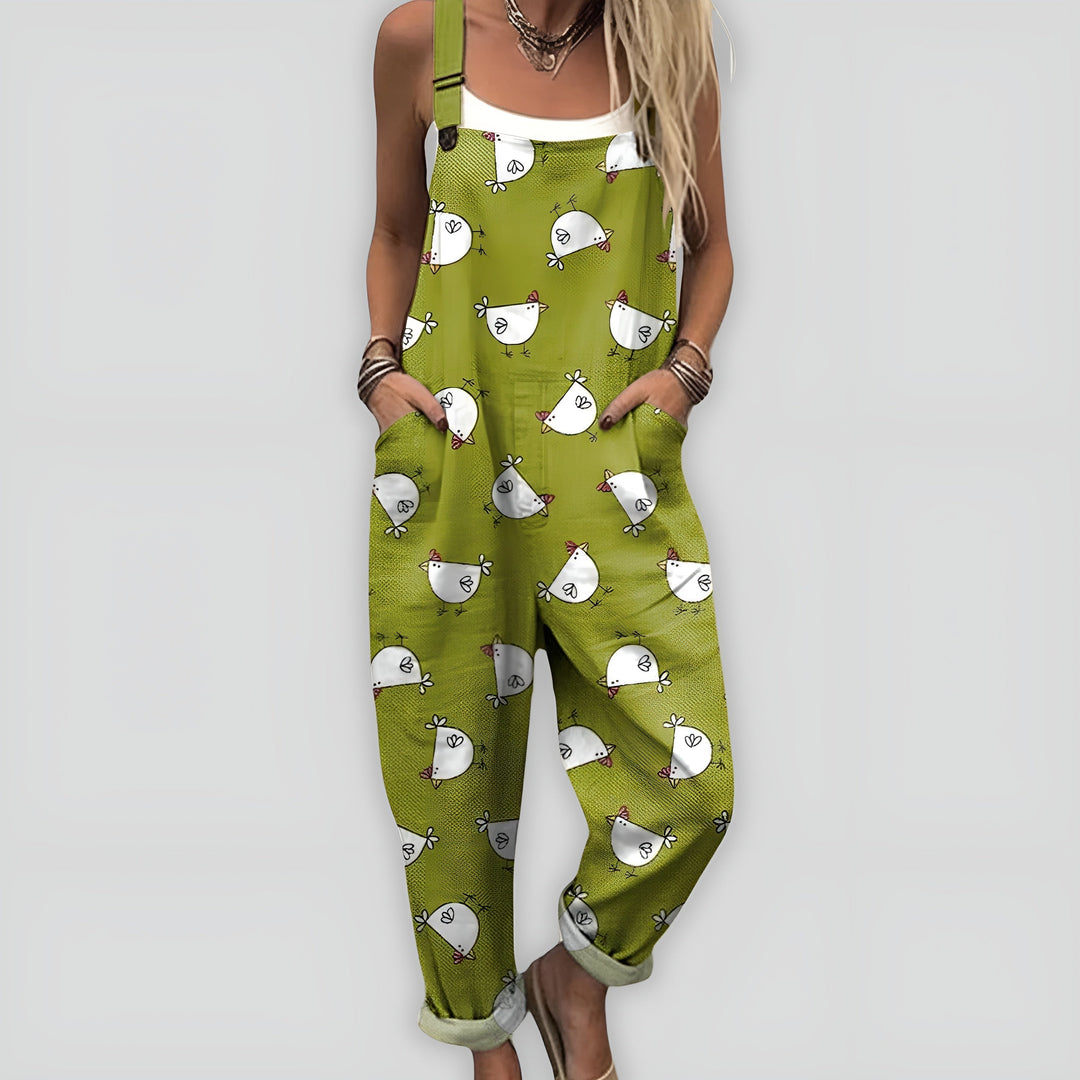 Macacão casual feminino solto com estampa vibrante. Perfeito para primavera/verão, muito confortável.