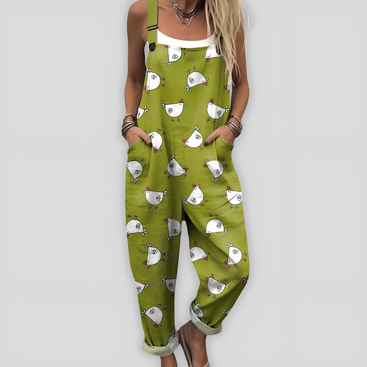 Macacão casual feminino solto com estampa vibrante. Perfeito para primavera/verão, muito confortável.