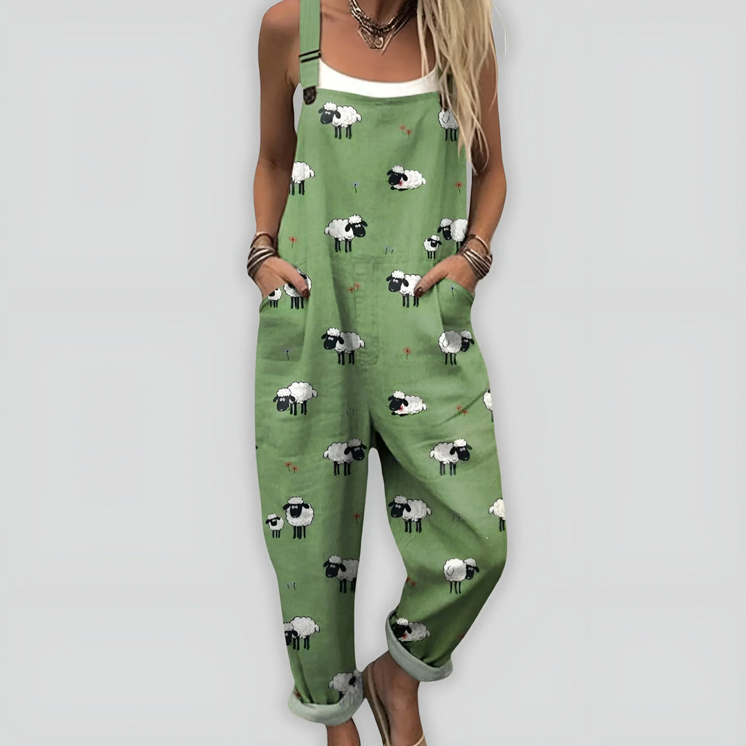Macacão longo feminino estampado, estilo casual solto. Perfeito para primavera e verão com conforto.