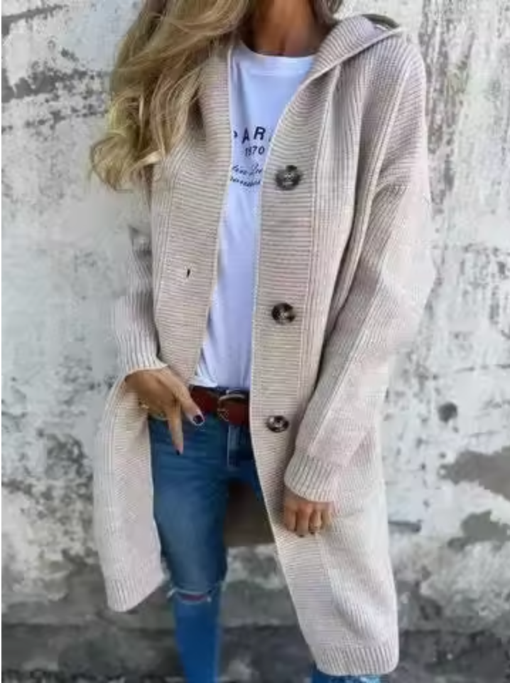 Cardigan feminino longo elegante, perfeito para sobreposição e estilo versátil em outono/inverno.