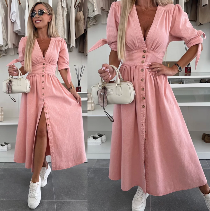 Vestido feminino elegante e brilhante, com botões e laços. Perfeito para moda casual de verão.