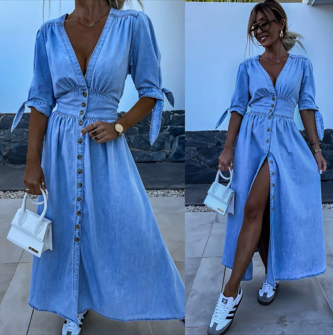 Vestido feminino com brilho, botões e laços elegantes. Um look de verão perfeito para a mulher moderna.