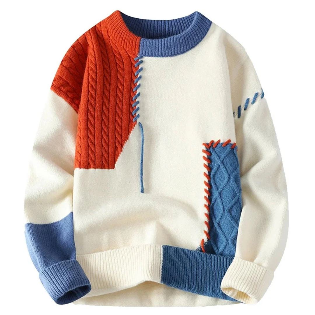 Suéter unissex elegante de patchwork colorido, perfeito para conforto e estilo aconchegante durante o inverno.
