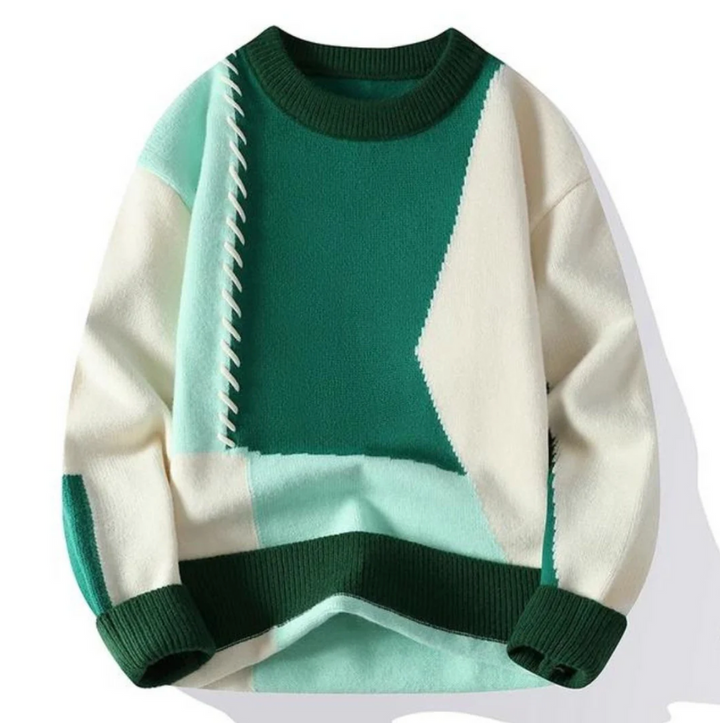 Suéter de inverno unissex com design patchwork, ideal para moda casual e proporcionar aquecimento com muito estilo.