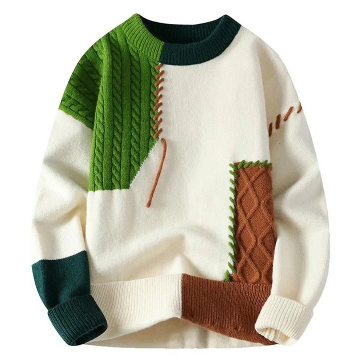 Vista o suéter unissex patchwork, peça essencial para um inverno elegante, confortável e cheio de personalidade.