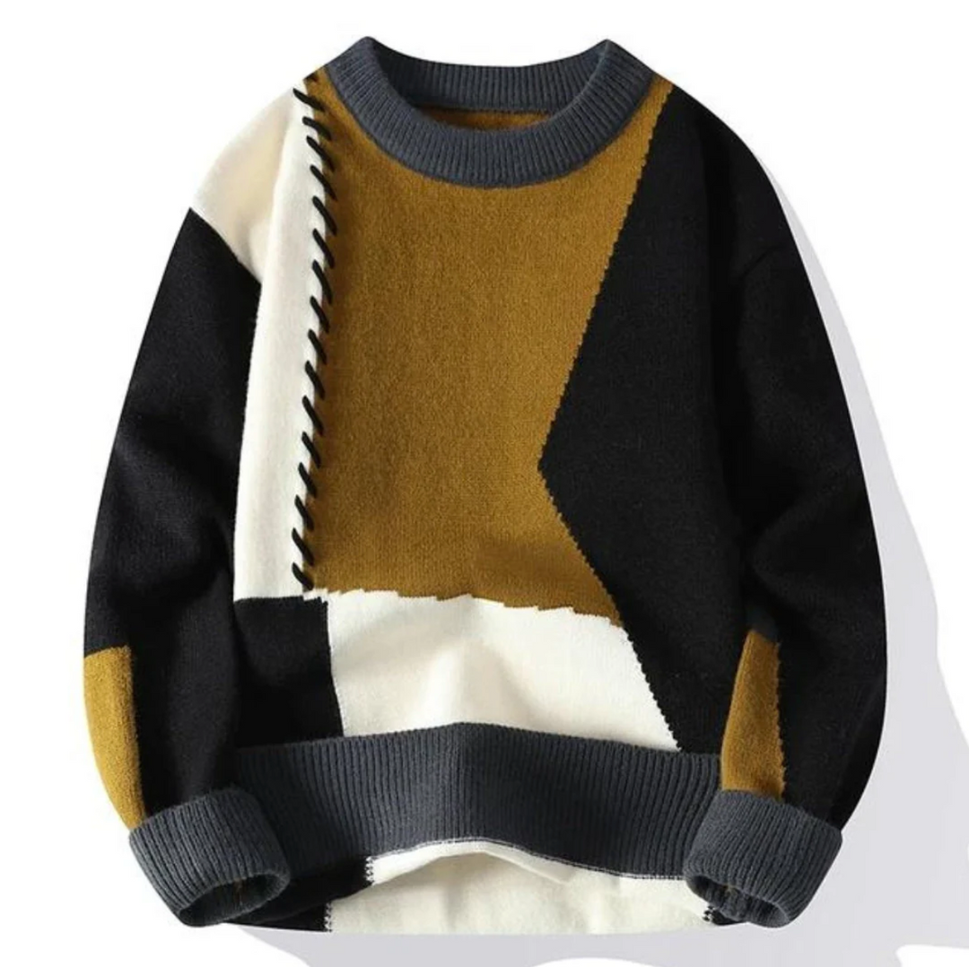 Suéter unissex de patchwork vibrante, garantindo aconchego e estilo moderno para o inverno. Moda e conforto.