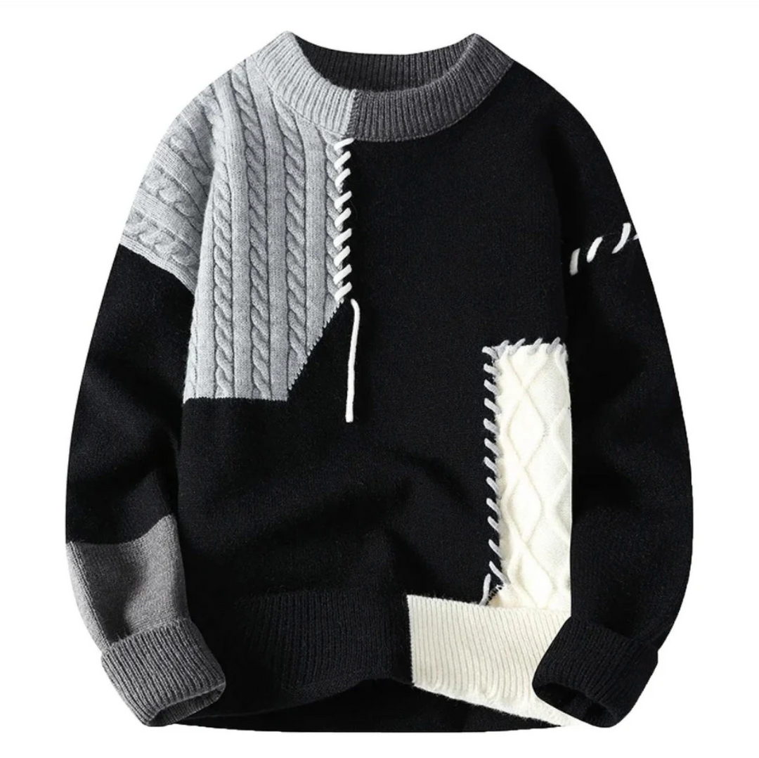 Suéter unissex elegante em patchwork, a escolha perfeita para adicionar um toque de estilo e conforto ao seu inverno.