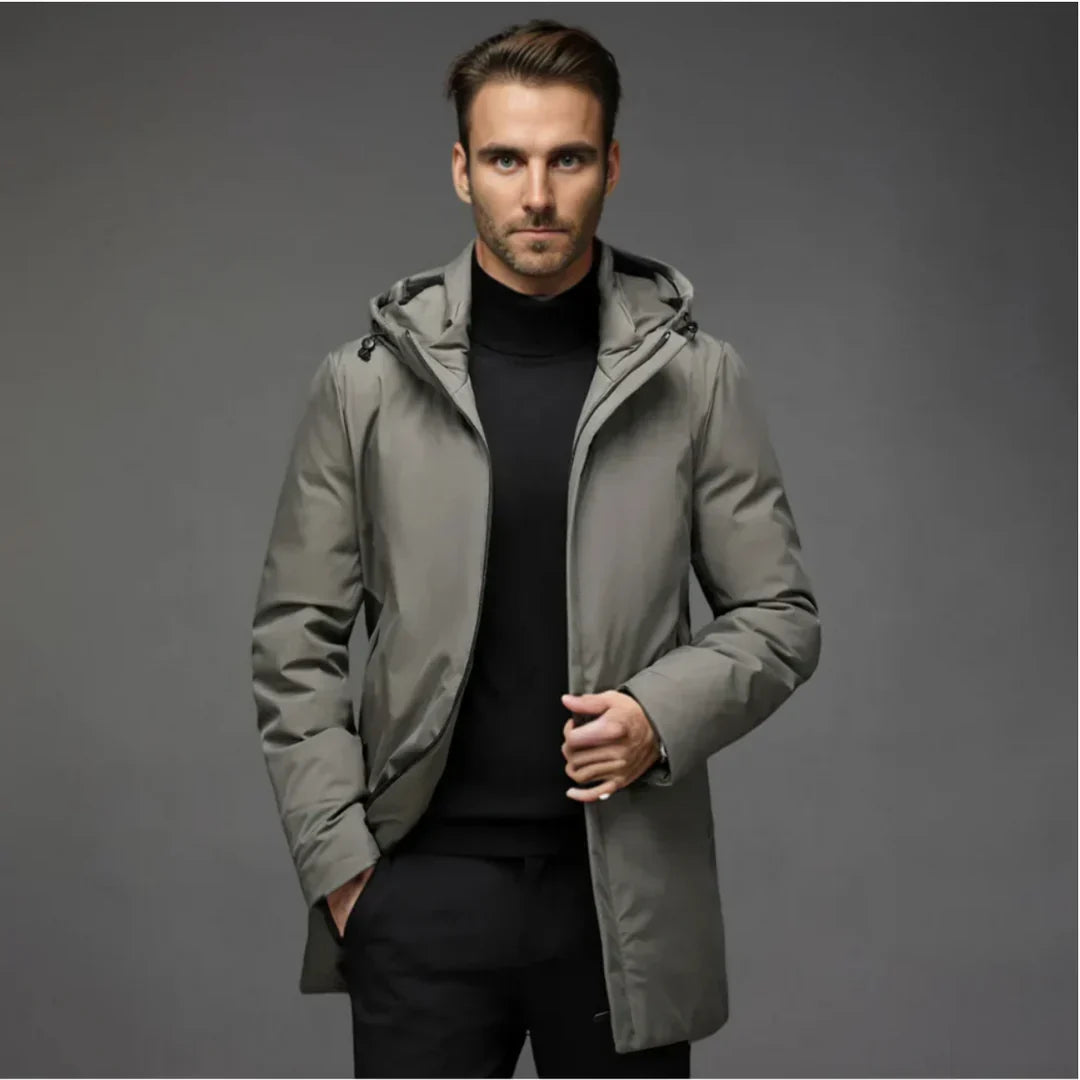Homem vestindo casaco de inverno masculino elegante e versátil, ideal para o frio. Roupa premium de moda masculina.