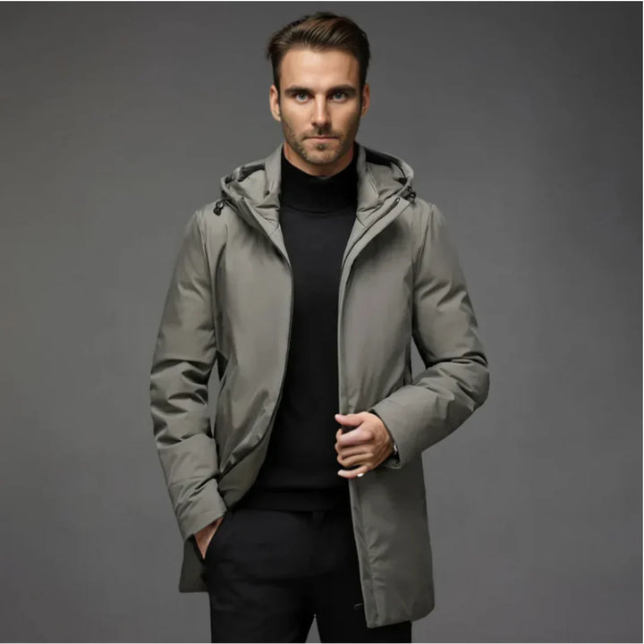 Homem vestindo casaco de inverno masculino elegante e versátil, ideal para o frio. Roupa premium de moda masculina.