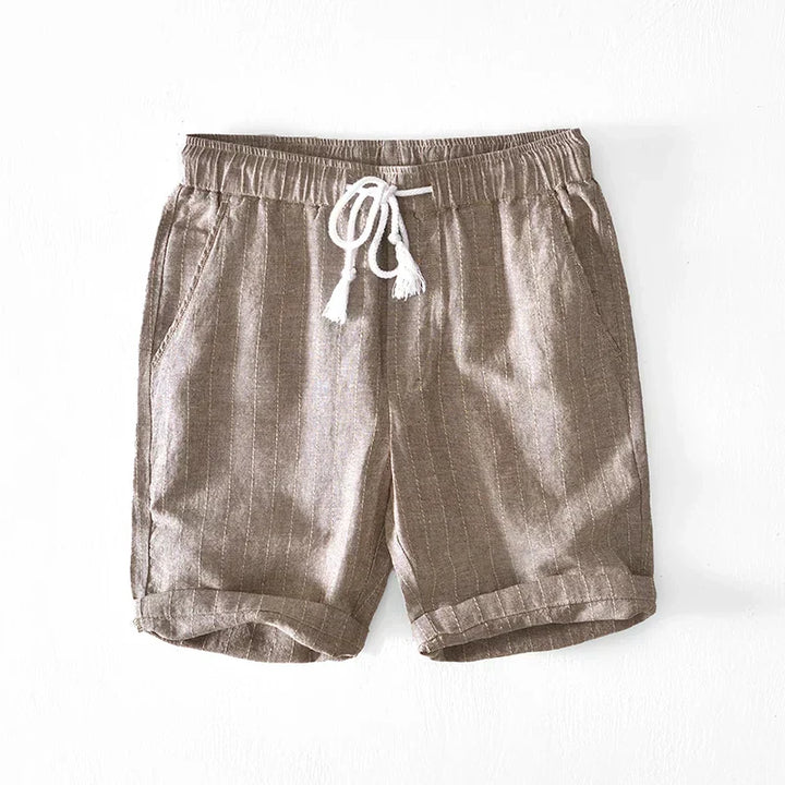 Shorts masculinos listrados, estilo casual para verão e primavera, com cintura ajustável. Conforto e moda masculina.