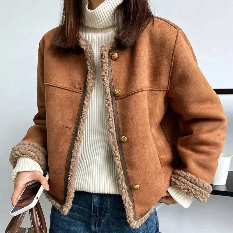 Casaco feminino aconchegante com detalhe elegante, perfeito para outono e inverno.
